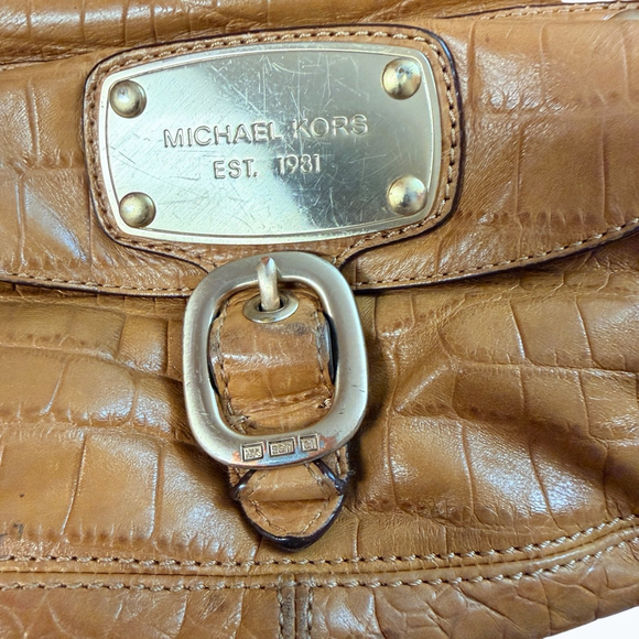 Michael Kors Brown Croc Embossed Leather Hobo Shoulder Bag Gold Hardware